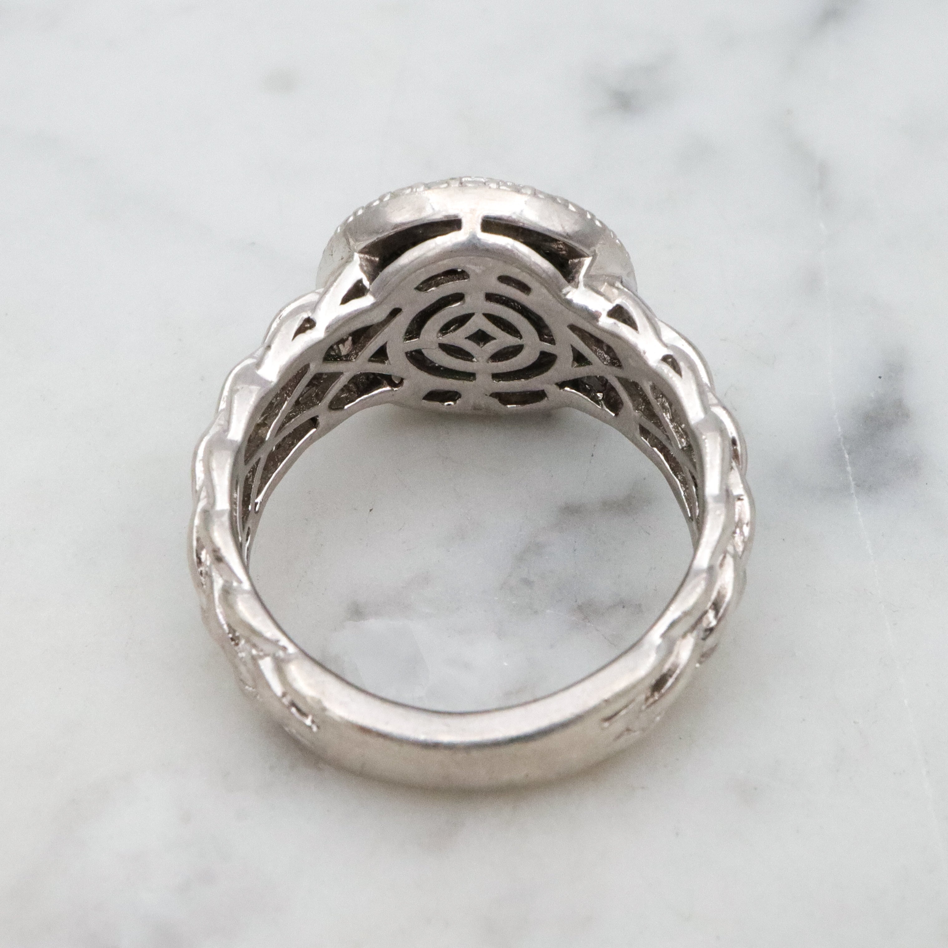 Retro Joseph Schmid green diamond braided sterling ring, size 8